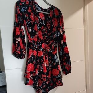 Floral Black and Red Wrap Romper